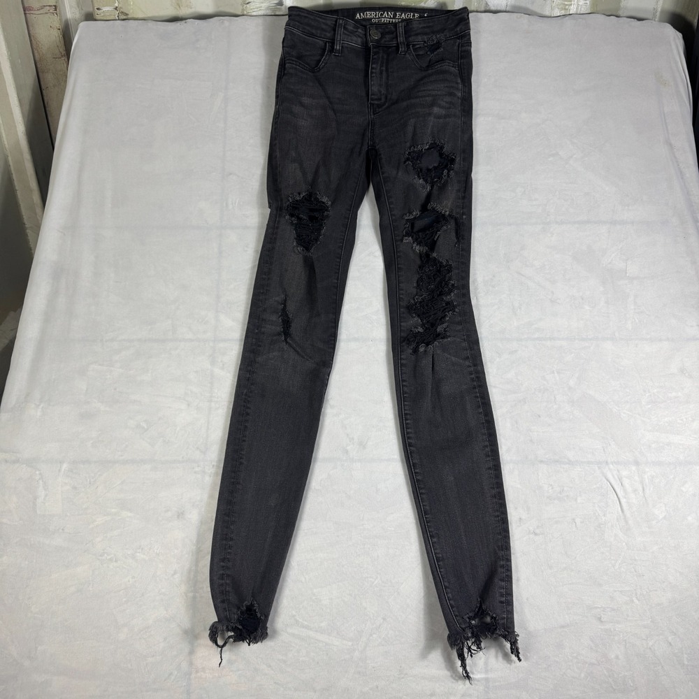 American Eagle Womens Jegging Jeans Black High-Rise Distressed Frayed Hem Size 0